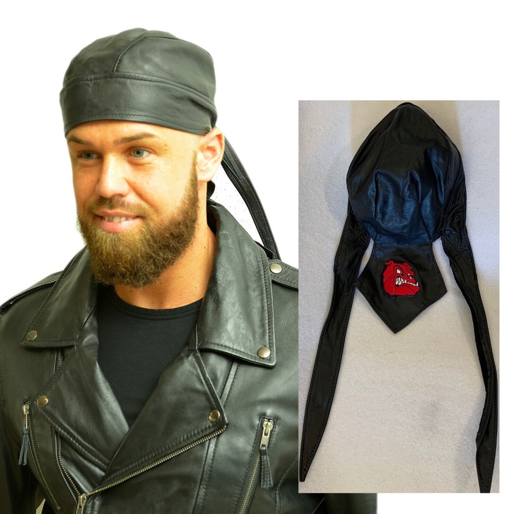 Leather Biker Do-Rag Cap OS Bulldog embroidered